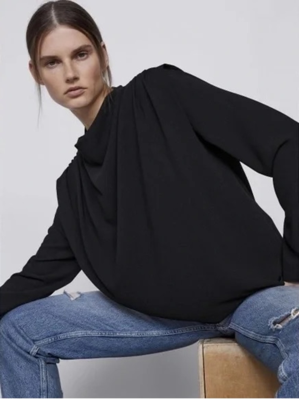 Zara Black Draped Long-Sleeve Women's Top - Picture 2 of 9
